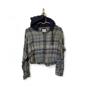 American Eagle Hoodie Shirt Womens Medium Plaid Cropped Button Front